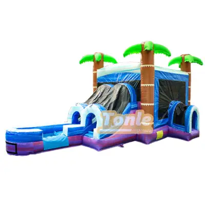 Blue colorful palm tree water slide bounce house combination
