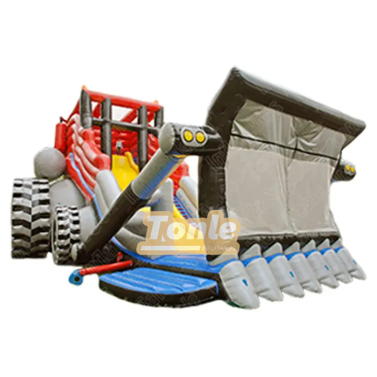 Side view of a 20m inflatable bulldozer slide featuring a grey bucket, black tracks, and red body with a yellow slide lane.