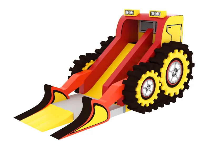 Red and yellow inflatable forklift slide with black tires and dual lanes