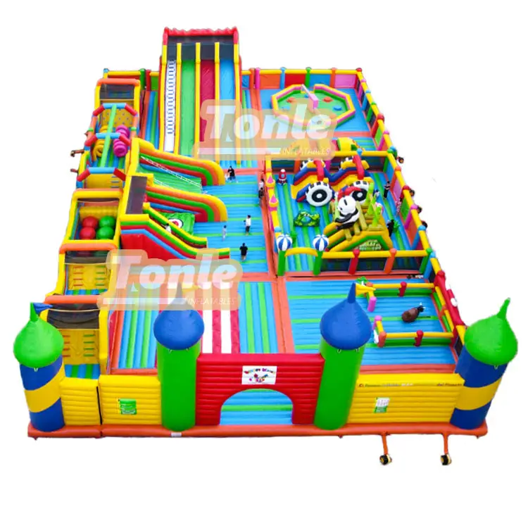 Full aerial view of 40x25m Panda Bamboo Theme Game Park showing colorful slides and obstacle courses
