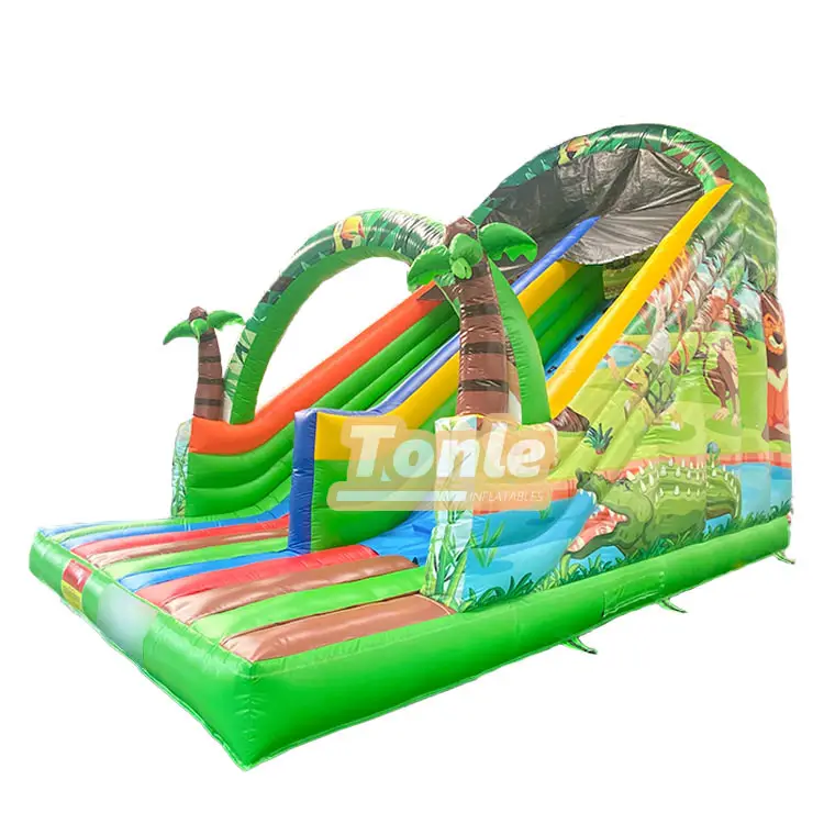Junle animals dry slide 8m green jungle theme with dual lanes and palm tree arch