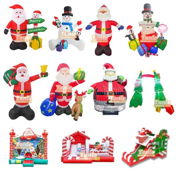 Collection of custom inflatable Christmas decorations including Santa Claus figures, snowmen, and holiday archways in red, white, and green Oxford cloth.