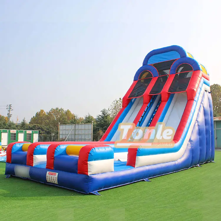 Blue Mickey Mouse double-lane dry slide full view showing 7m height and red blue color scheme