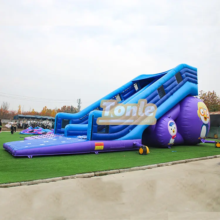 Little Penguin Dry Slide showing blue dual lanes and purple base with cartoon penguin graphics on side pillars