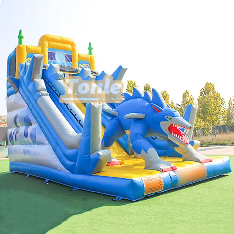 Blue and yellow inflatable wolf dry slide with 3D character figure