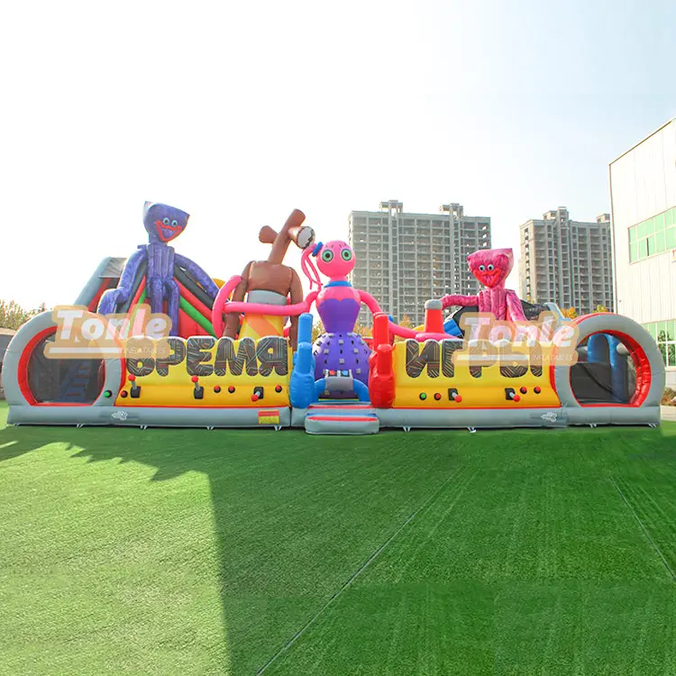 17m inflatable obstacle course with blue and pink character figures on yellow base