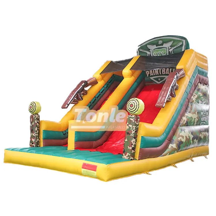 Military camouflage dry slide 8x5x7m with dual red lanes and paintball graphics