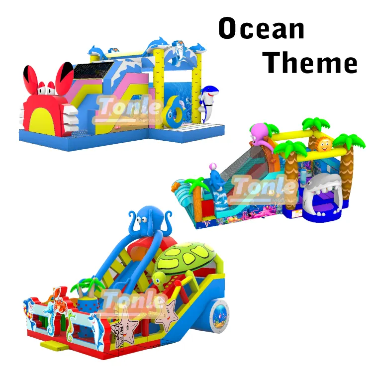 Turtle Octopus Ocean Amusement Park inflatable featuring blue slides, red crab entrance, and octopus tower measuring 12x9m
