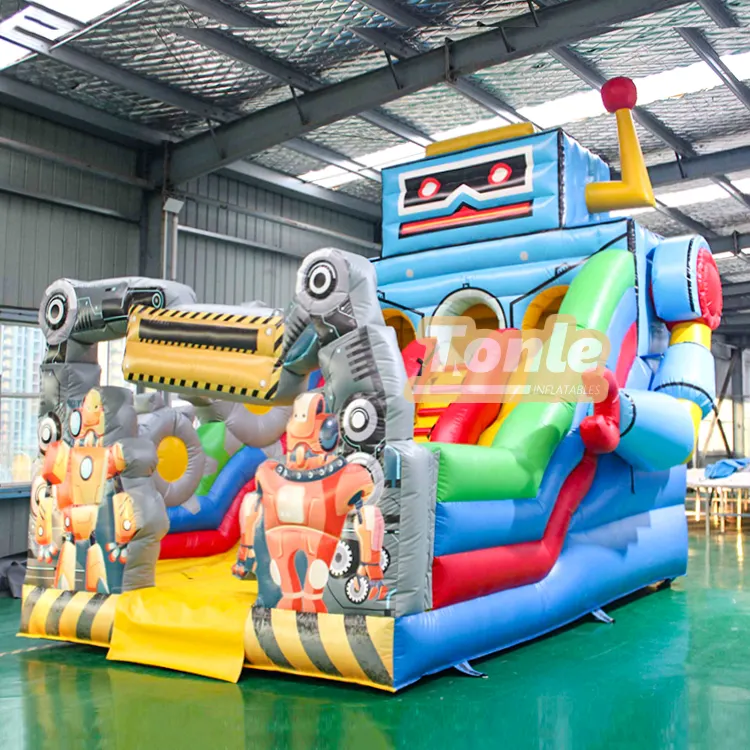 Blue and grey Robot dry slide with orange robot figures and dual lane slide