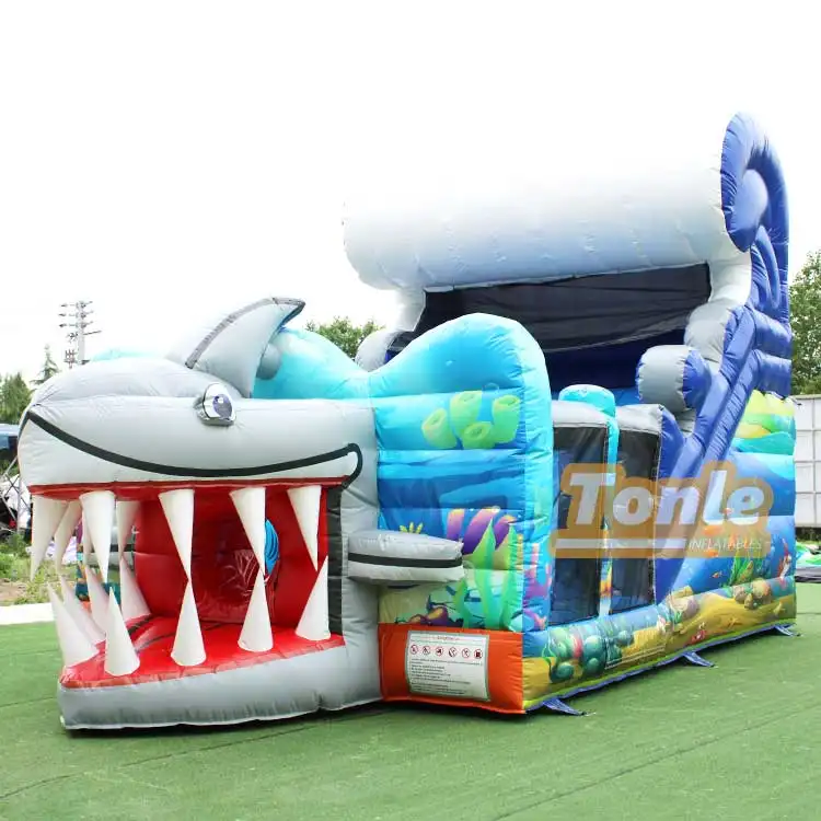 Shark Wave Single Lane Dry Slide featuring a grey shark head exit and blue wave crest measuring 7.5m