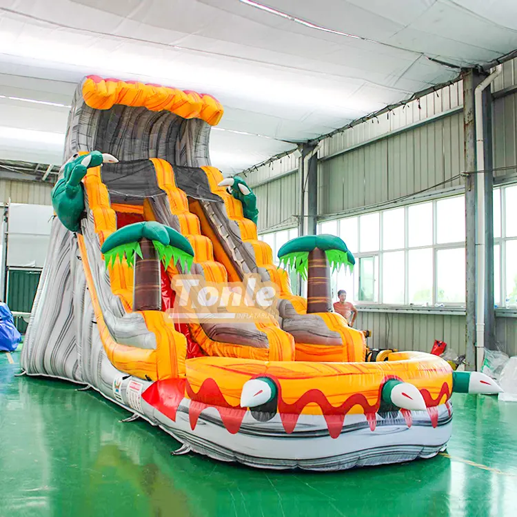 18ft grey and orange dinosaur claw water slide with single lane and splash pool