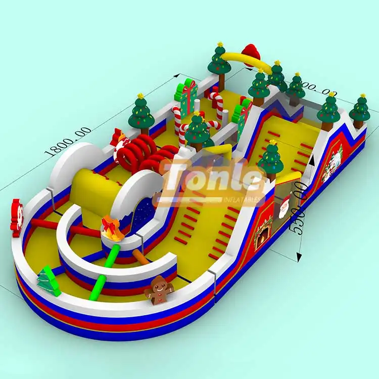 18m Christmas inflatable obstacle course with dual slides and festive decorations
