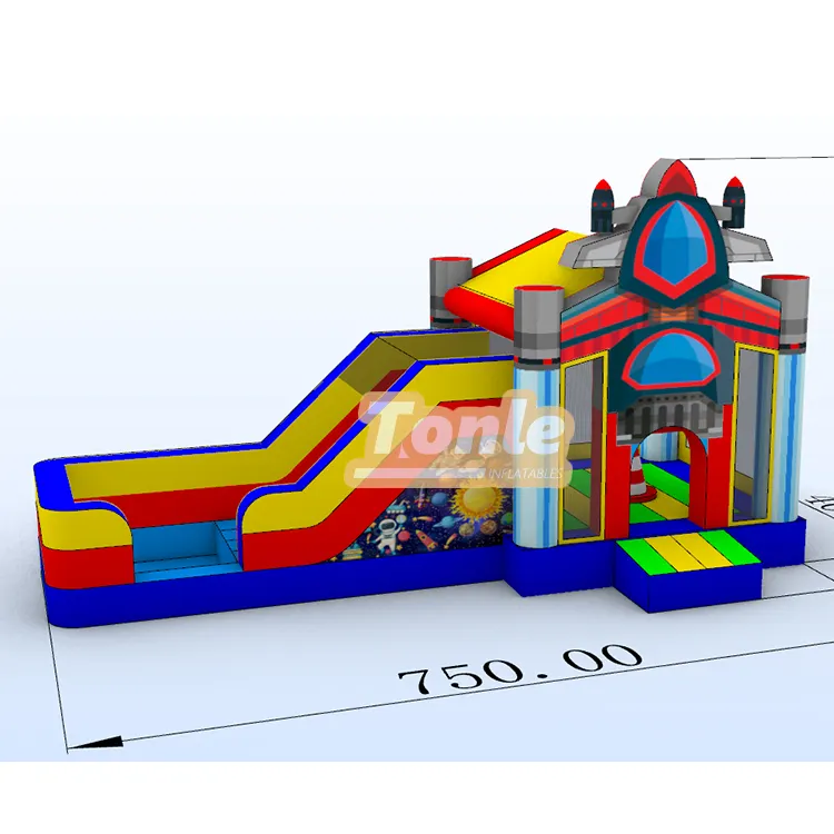 Red and blue spaceship themed inflatable water slide with single lane and splash pool measuring 7.5m