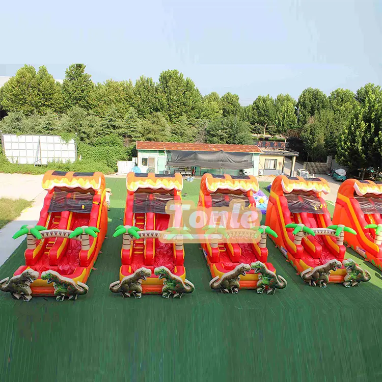 Row of five 15ft Dinosaur single lane water slides with red volcano theme and green palm trees
