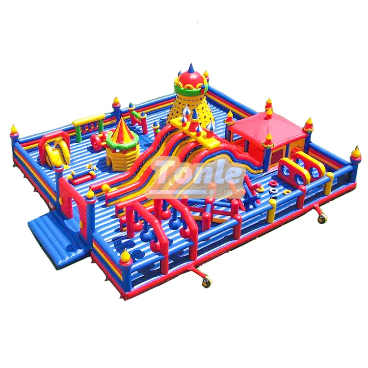 Castle theme fun city inflatable park 20x16m with red blue yellow colors