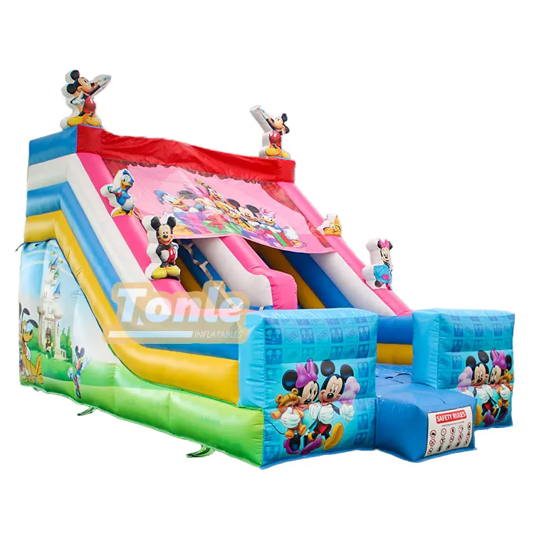 Colorful Mickey Mouse themed inflatable dry slide with single lane and character cutouts