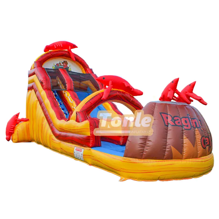 21ft Crayfish single lane water slide with red 3D decorations and volcano pool