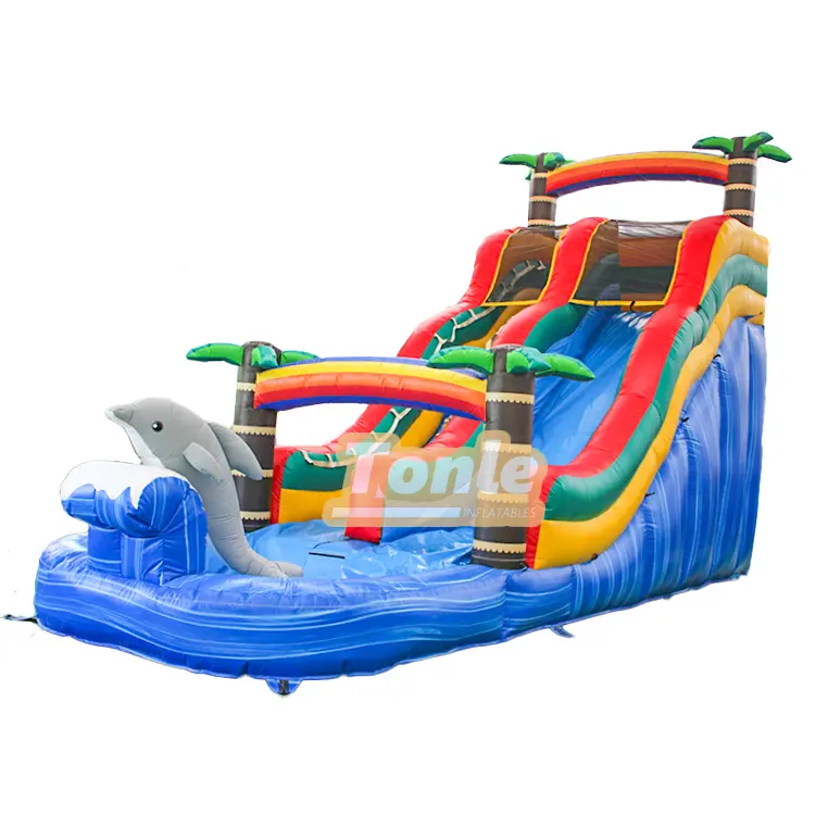 18ft dolphin brown blue single lane water slide with tropical palm trees and splash pool