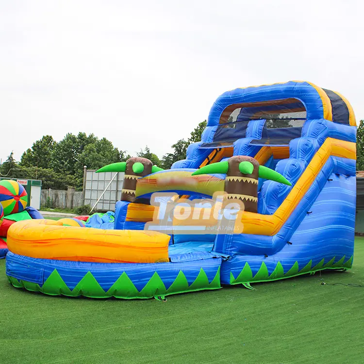 13ft blue yellow marble single lane water slide with tiki torch pillars and splash pool on grass