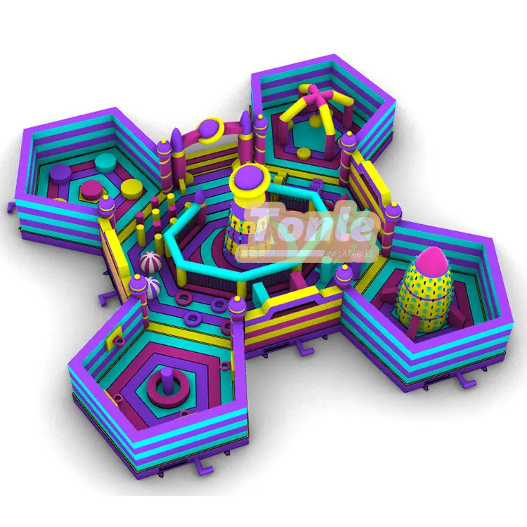 Top-down view of colorful petal theme inflatable fun city with purple and teal hexagonal zones