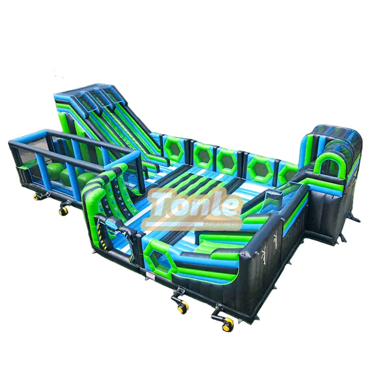 Custom inflatable fun city in green blue and black with slide and ball pit for 15 persons