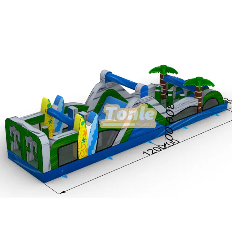 12m colorful palm tree themed inflatable obstacle course with surfboards and blue arches