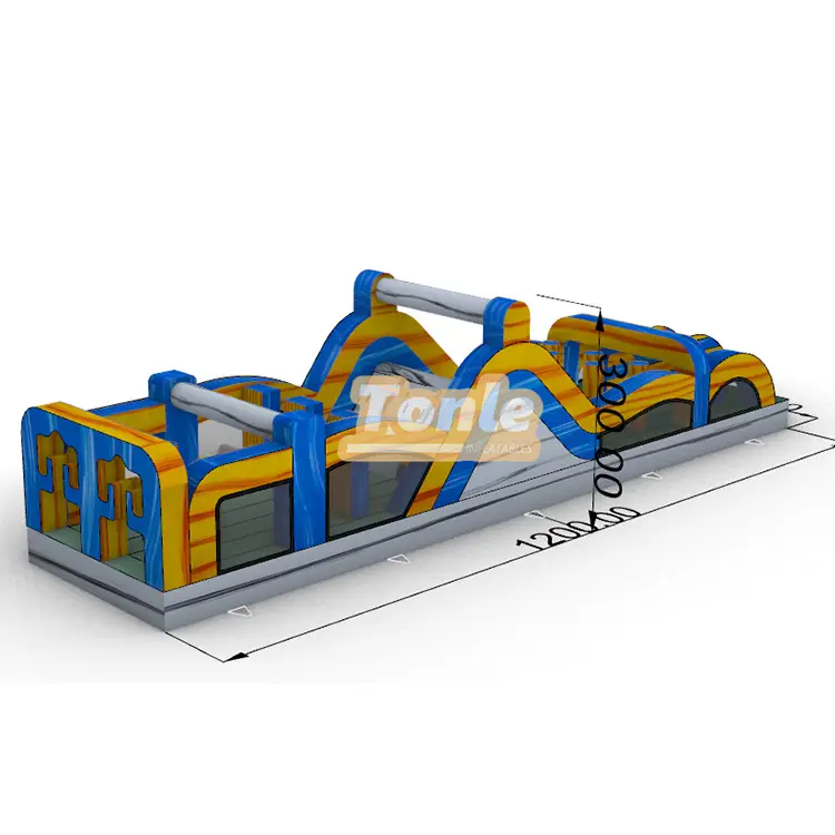12m blue and yellow single-lane inflatable obstacle course with gray base and mesh windows