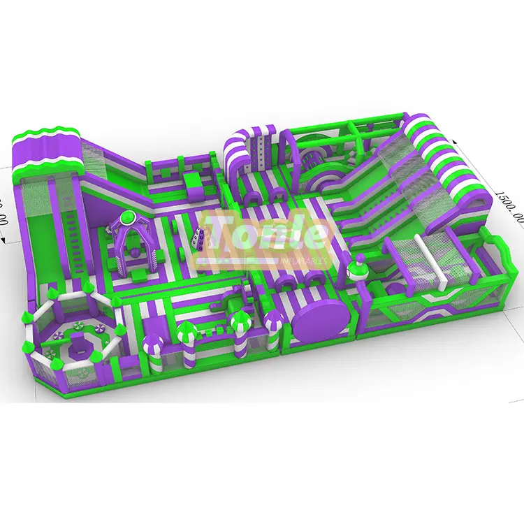 Top-down view of 4.5x4.5m green and purple inflatable mechanical game with obstacle tunnels