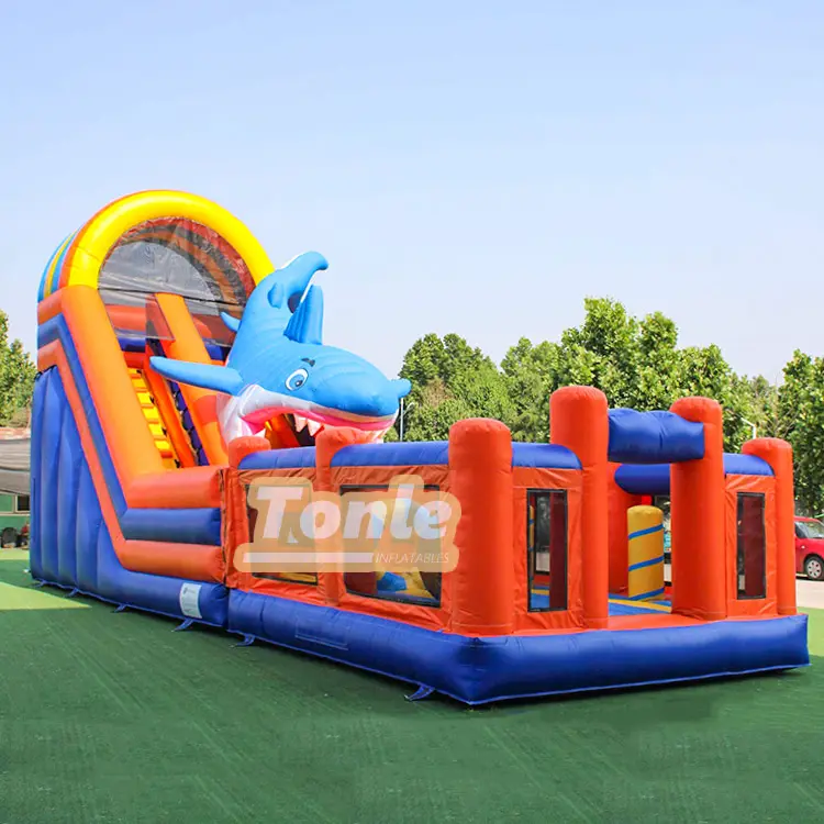 12.5m blue and orange shark inflatable dry slide with bounce area