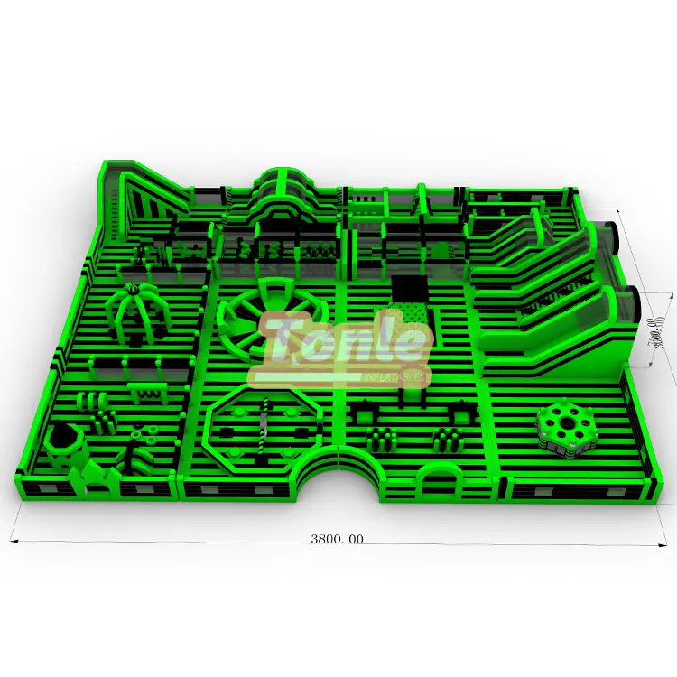 38x30m Green World Theme inflatable fun city with neon green and black stripes