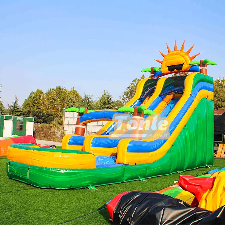 20ft big sun single lane water slide with green base and yellow sun topper