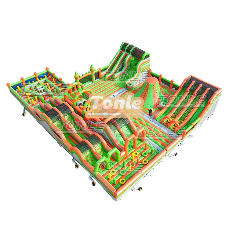 Blazing Fun City inflatable playground 28x22m green and orange overview