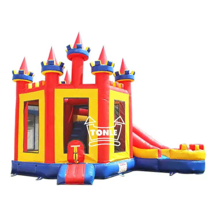 Red and blue castle water slide combo with yellow walls and splash pool