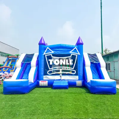 blue inflatable double-lane water slide combo