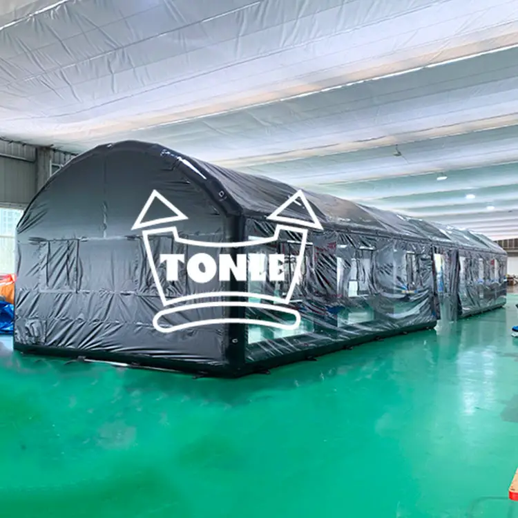 Black 20m inflatable tunnel tent with transparent windows in warehouse