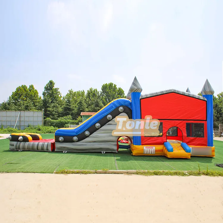 Grey and white marble castle single lane water combo 35ft side view on grass