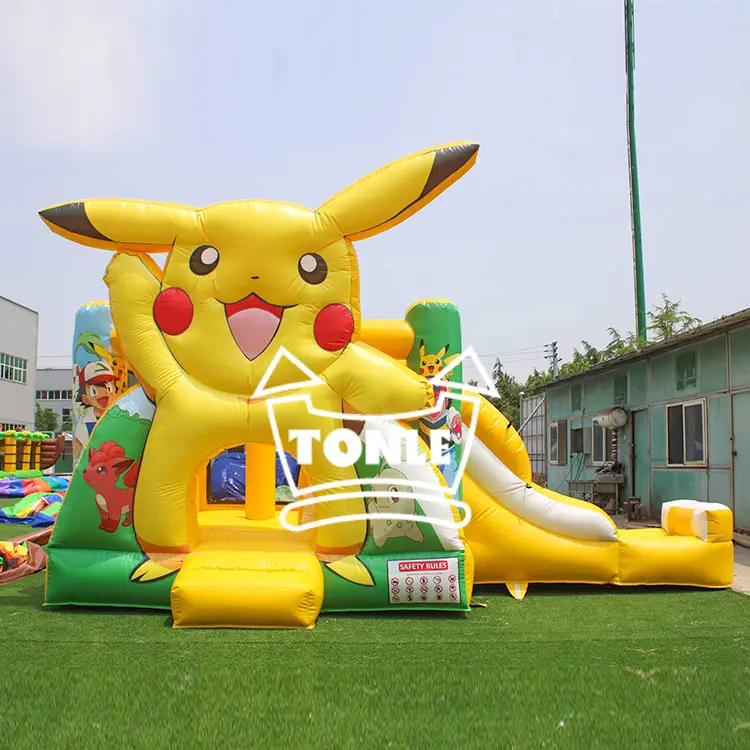 Front view of yellow Pikachu themed 6x3.5m inflatable water combo with single slide