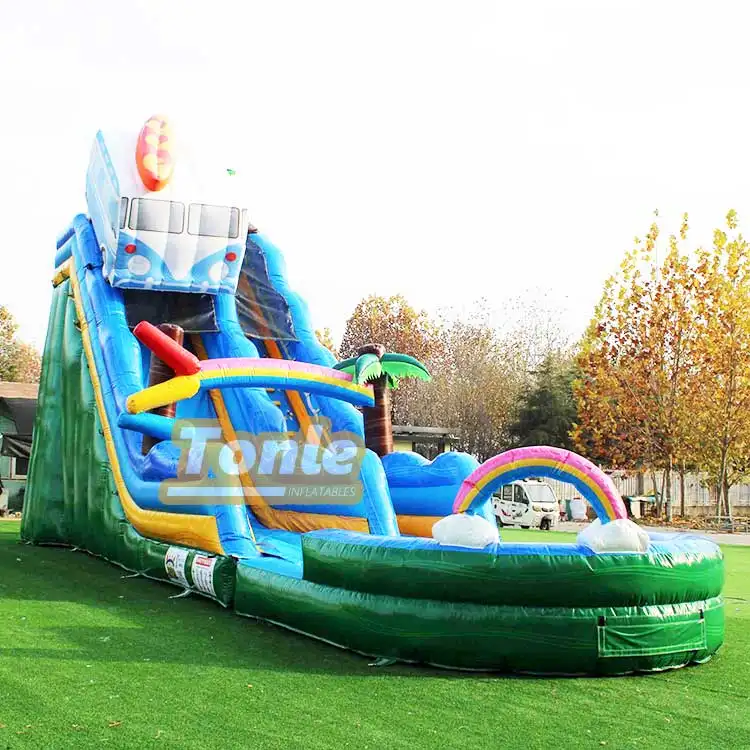 25ft White Bus single lane water slide featuring a blue chute, green base, and rainbow arch splash pool