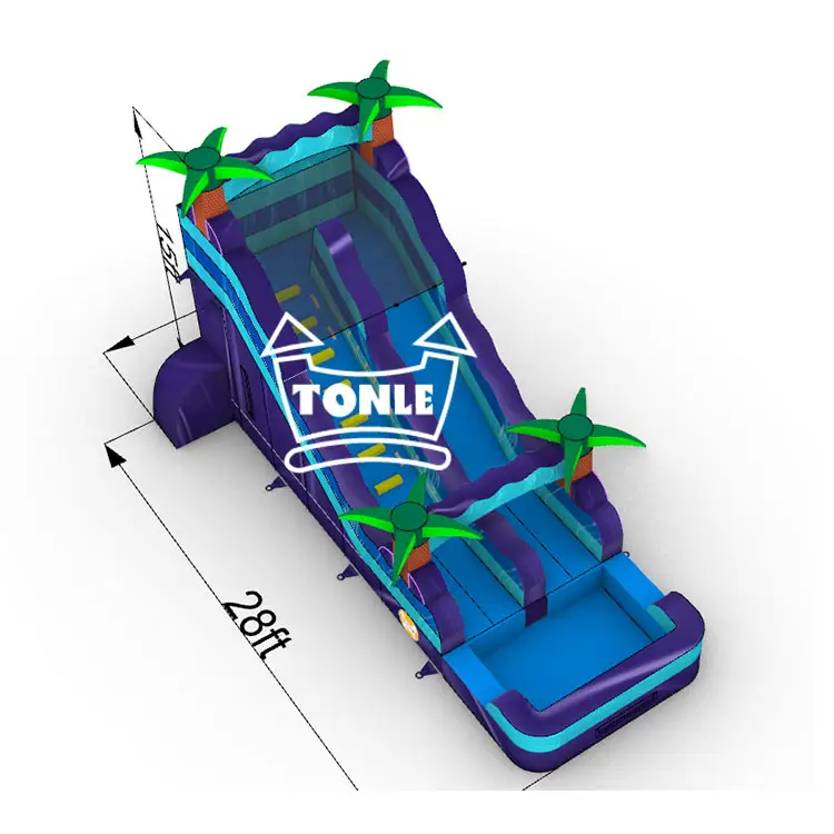 15ft blue and purple inflatable water slide with palm tree decorations and dimension lines showing 28ft length