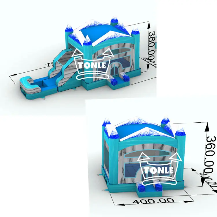 Tip of the Iceberg bounce house 3D render showing blue ice theme with slide and dimensions 4x4x3.6m