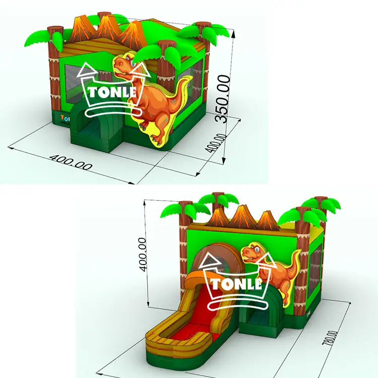 3D rendering of Volcano Dinosaur single lane dry combo showing 4m x 4m bounce area with orange volcano peaks and green palm trees