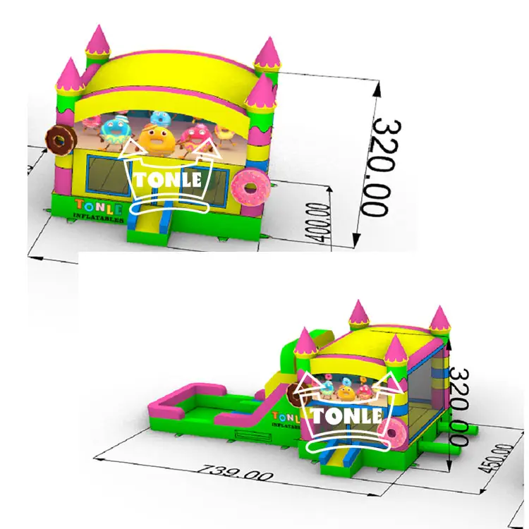 Front view of yellow and pink Candy Donuts bounce house with castle turrets and 4x4m dimensions