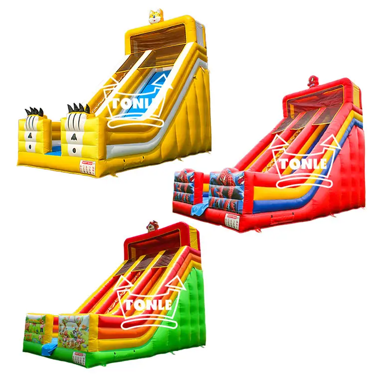 Yellow tiger-themed inflatable dry slide with dual lanes and claw details at the base