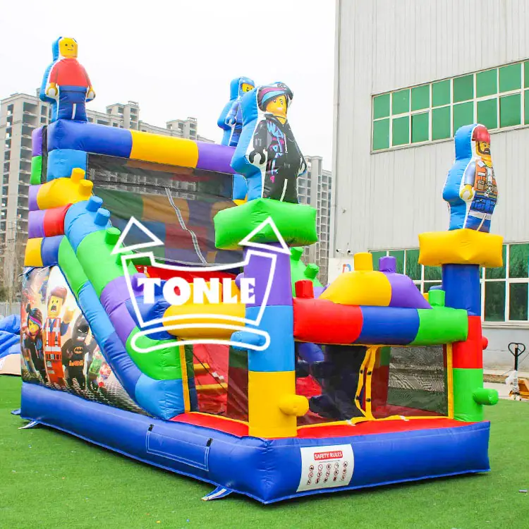 LGGO single lane dry slide inflatable combo with block figures and blue base