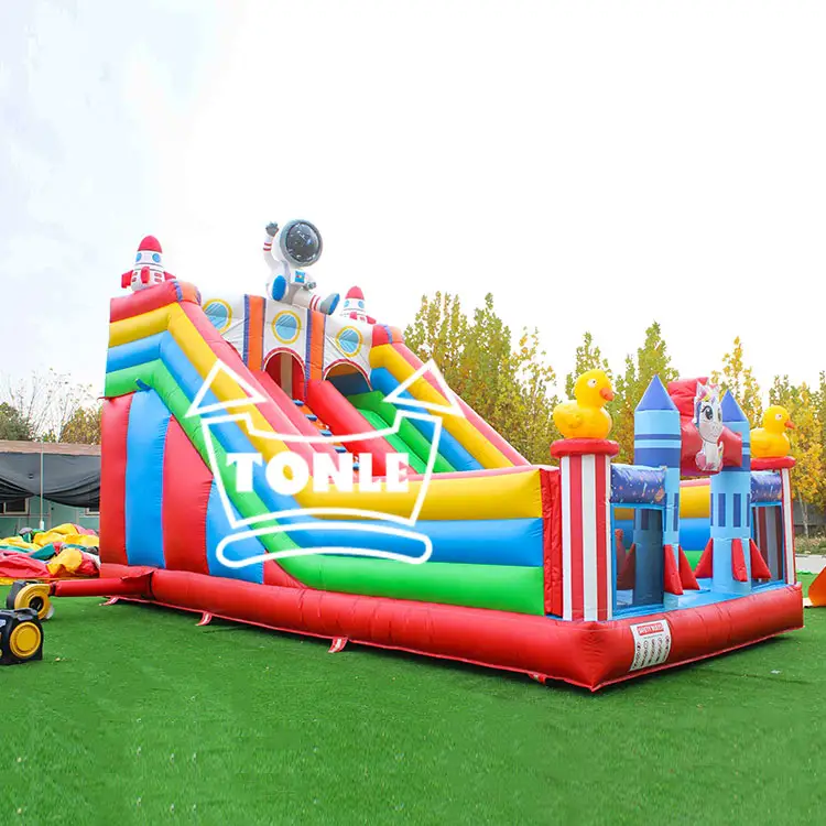 8m outer space astronaut double-track dry slide with red blue green yellow panels and 3D rocket figures
