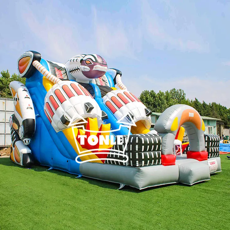 Armor Hero Double Lane Dry Slide featuring a large robot head and blue body on grass