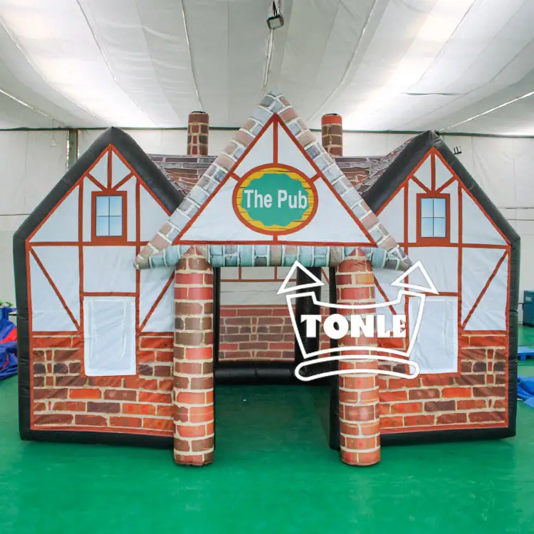 Front view of 6x4m inflatable pub booth with brick and timber print