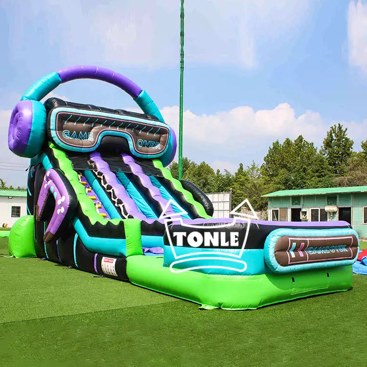 21ft glasses headphones double lane water slide with purple and green gaming theme on grass