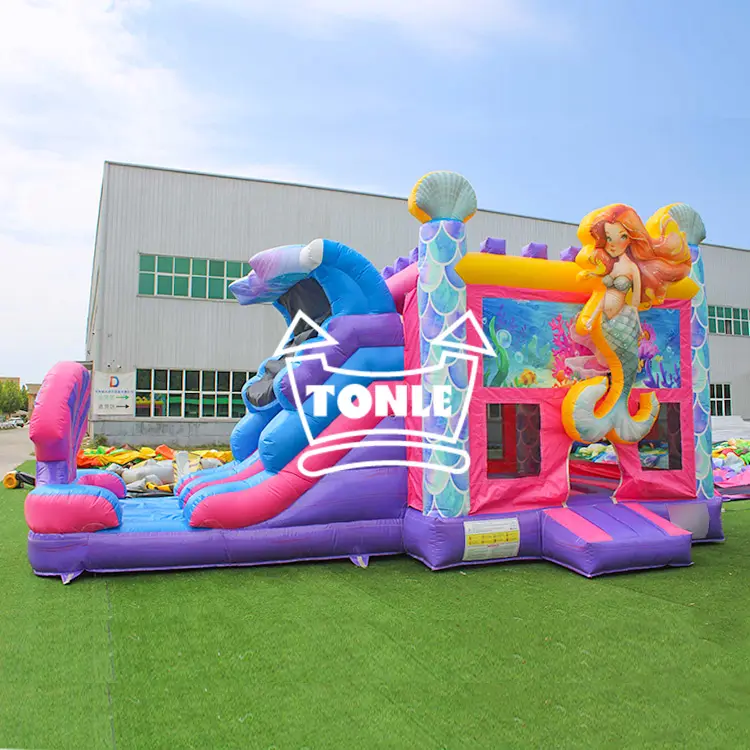 Purple and pink mermaid dual lane water slide combo with 3D character figure on grass