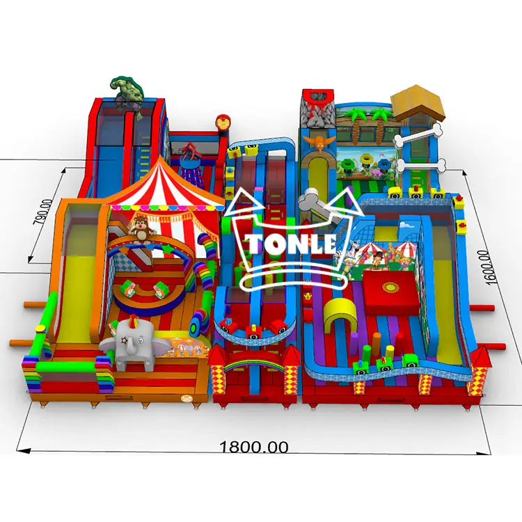 18x16m Circus Theme Game Park inflatable with red white tent, dual slides, and animal figures